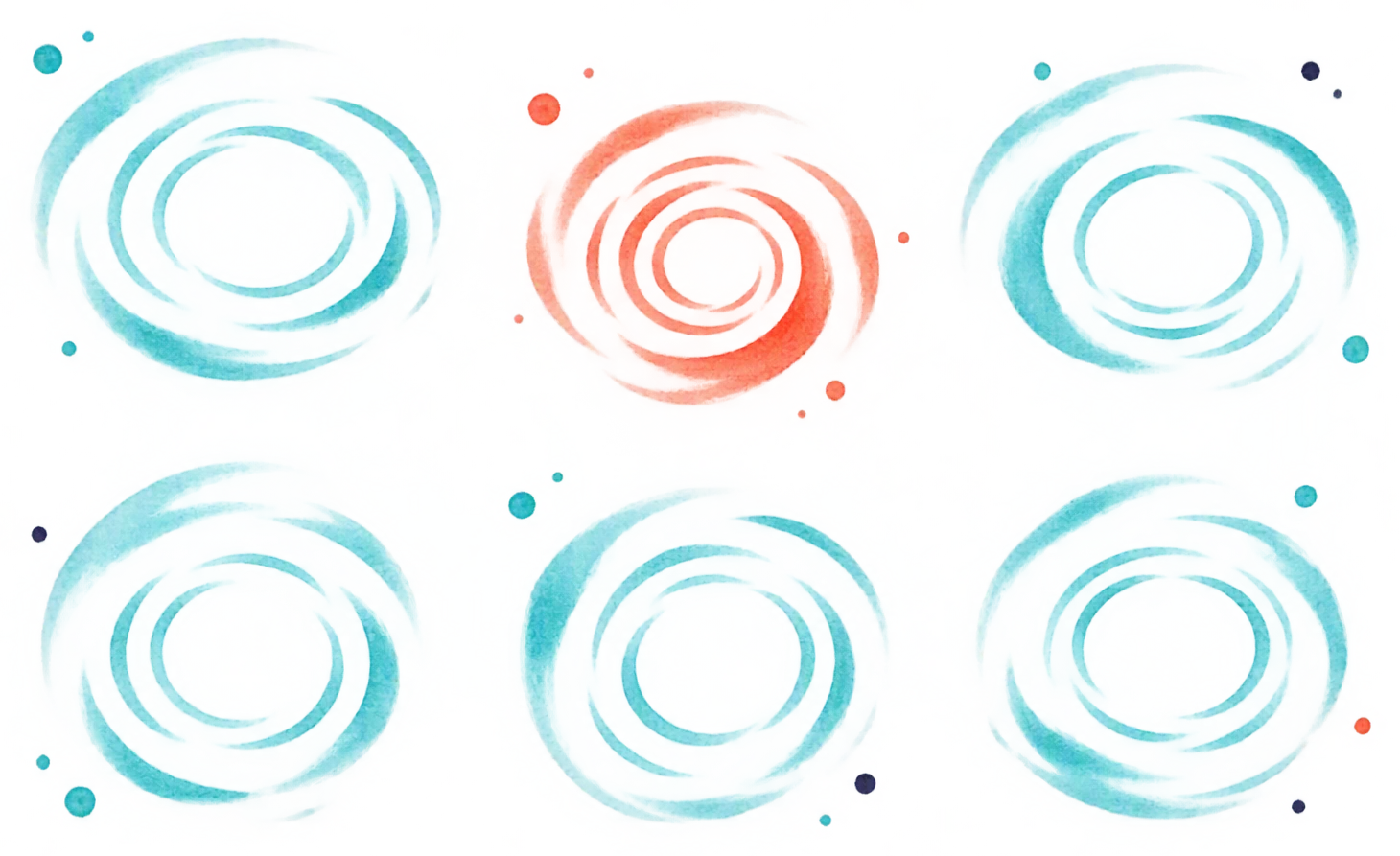 六组涟漪，其中一组是朱色的：六个 AI 平台