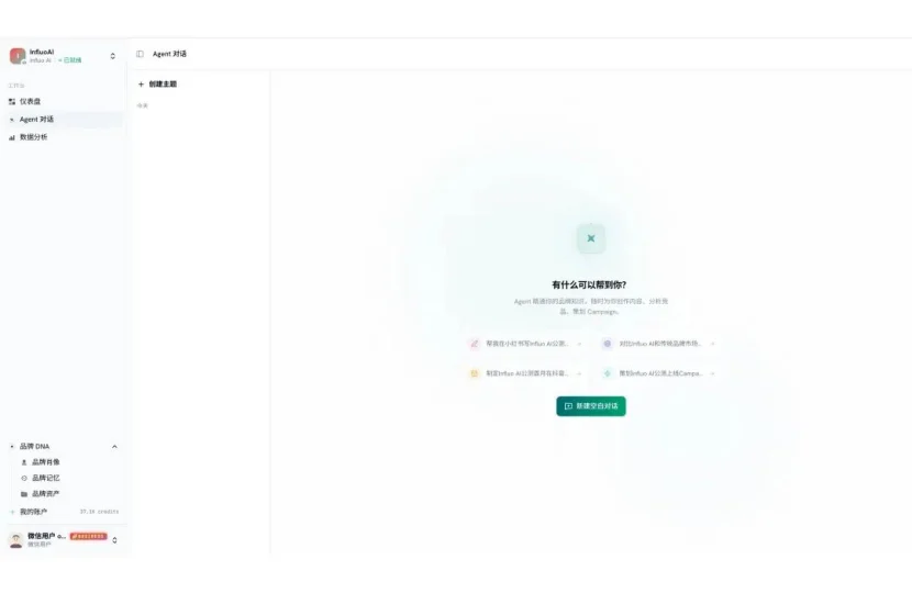 Influo AI 主界面：左侧为仪表盘 / Agent 对话 / 数据分析与品牌 DNA 导航，中部为创作入口