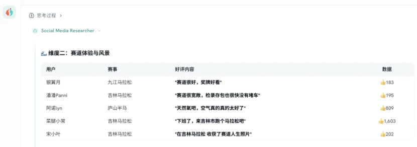 社媒研究子 Agent 输出的赛道体验与口碑数据表