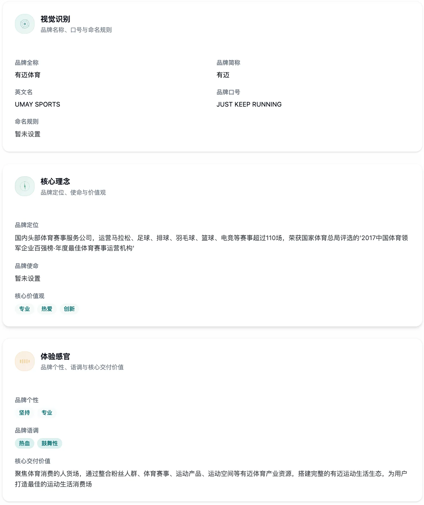 Influo AI 输出的品牌画像：视觉识别、核心理念、体验感官